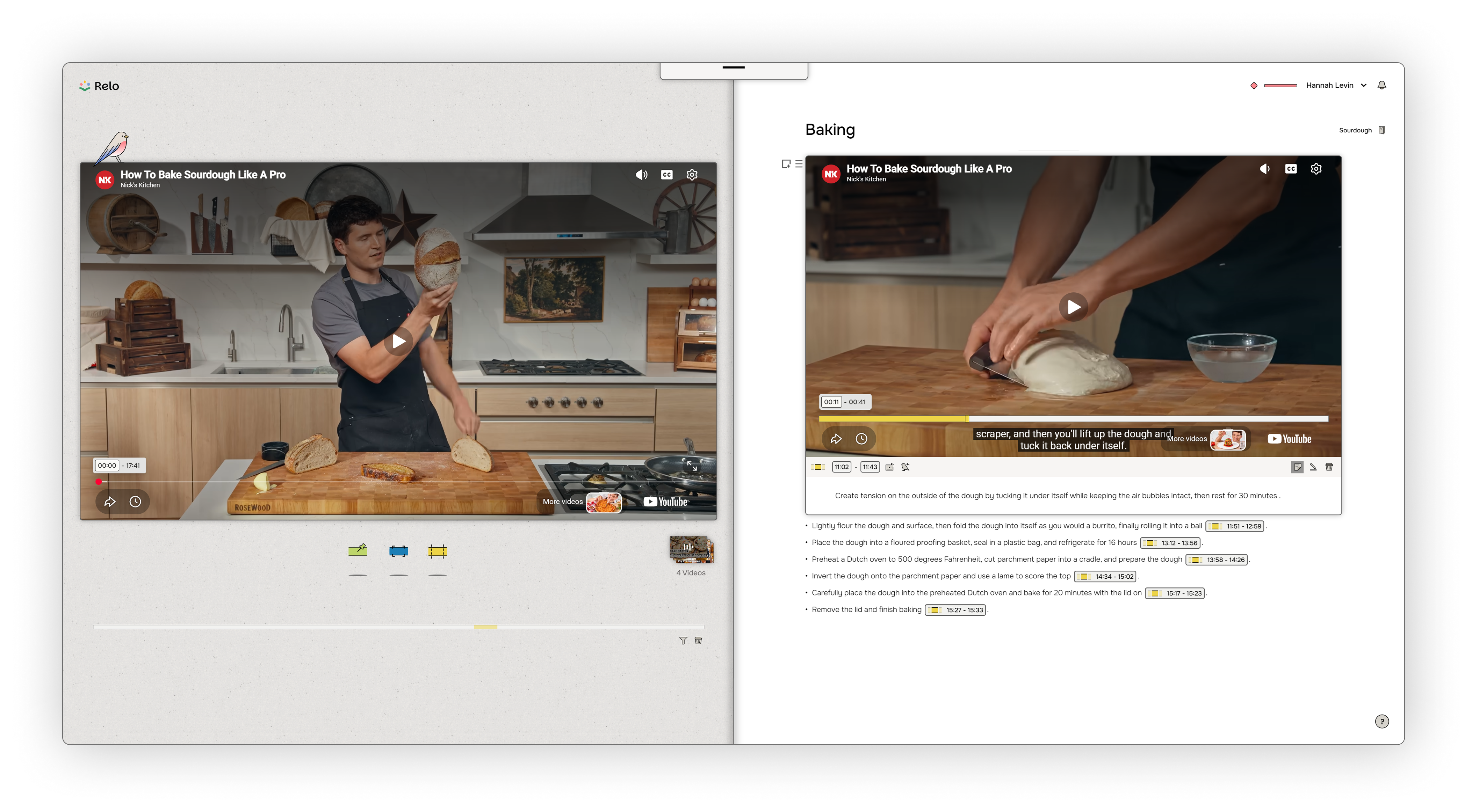 Relo with a YouTube baking lesson on the left and timestamped notes on the right